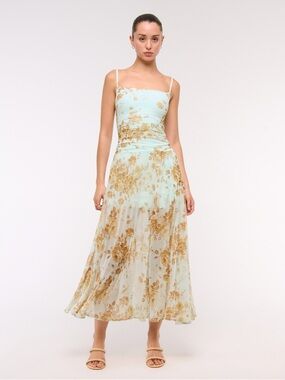 NWT Abercrombie & Fitch Midi Dress Ruched Blue Yellow Floral Medium